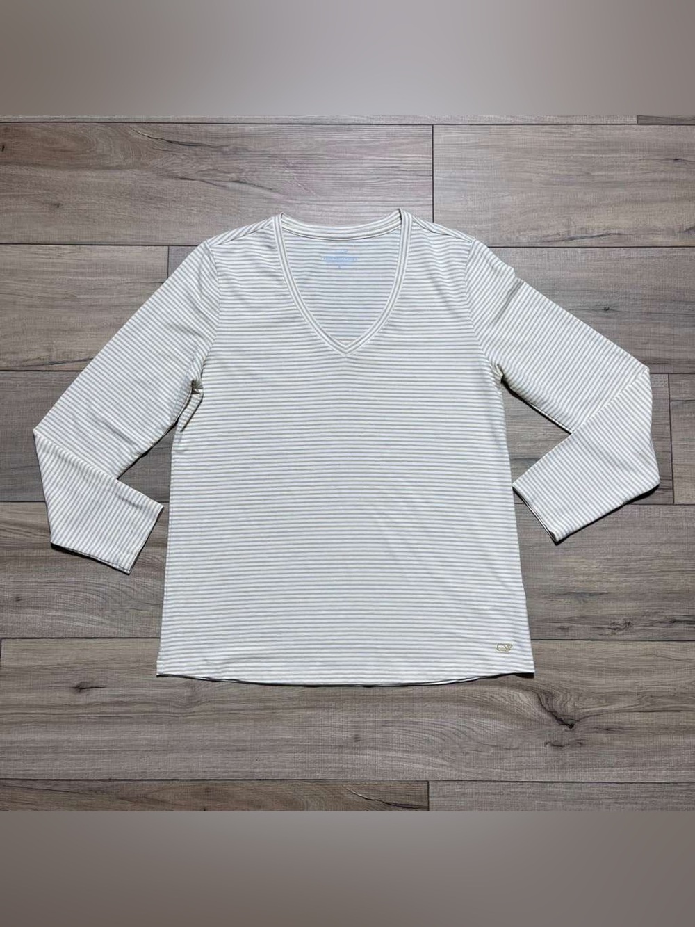 Vineyard Vines Womens Striped V-Neck Long Sleeve Top S Cream & Metallic Gold